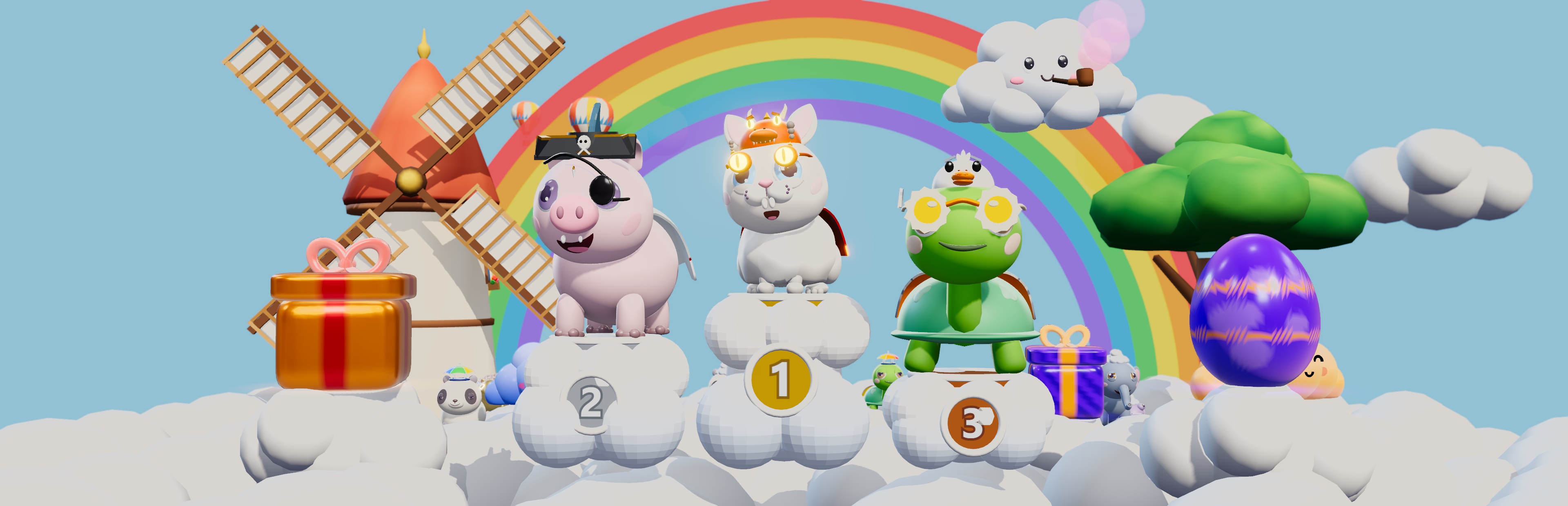 Animals on the podium clouds under a rainbow